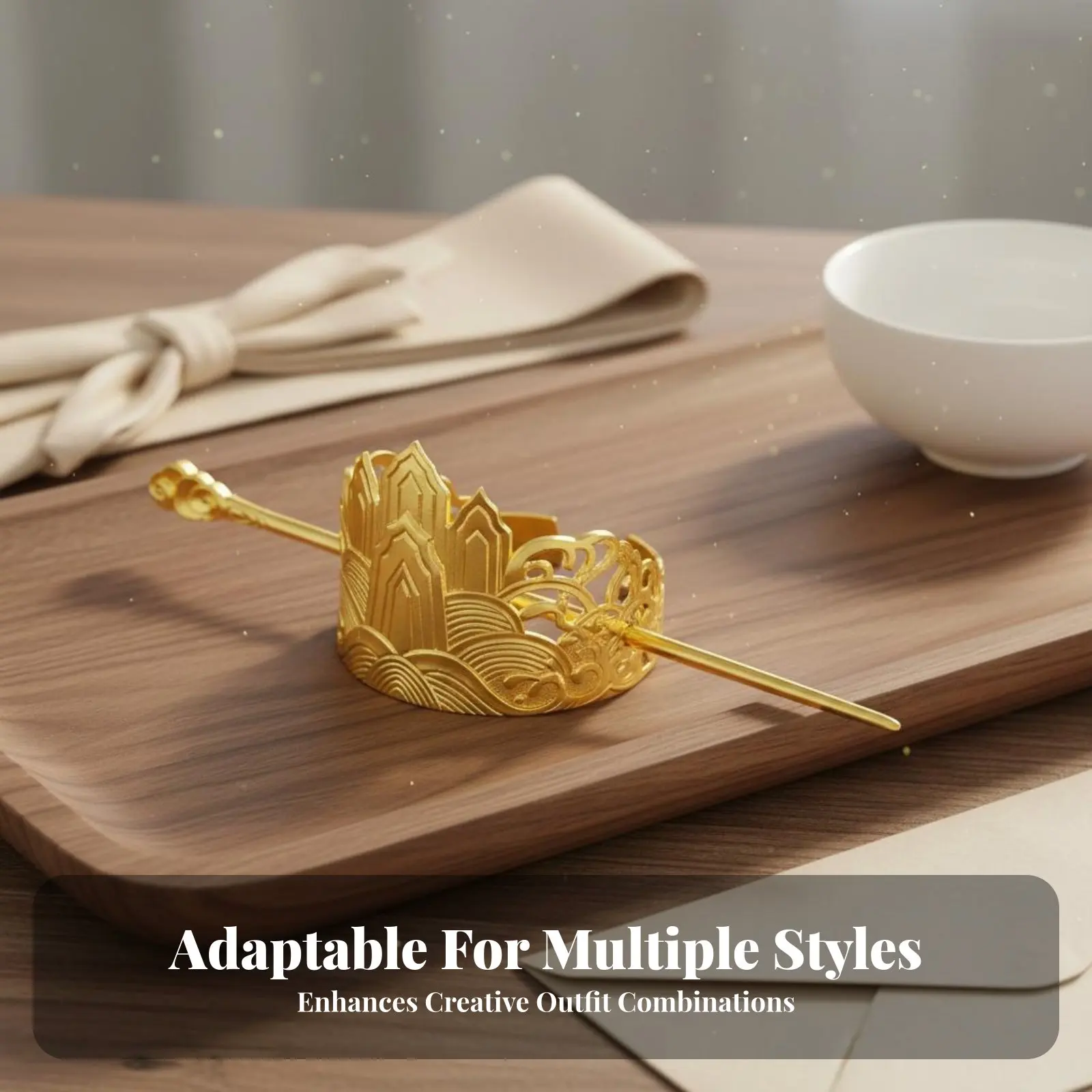 

Металлическая заколка-держатель для пучка в китайском стиле с волнообразным и горным дизайном, позолоченная, для прически «хвост»