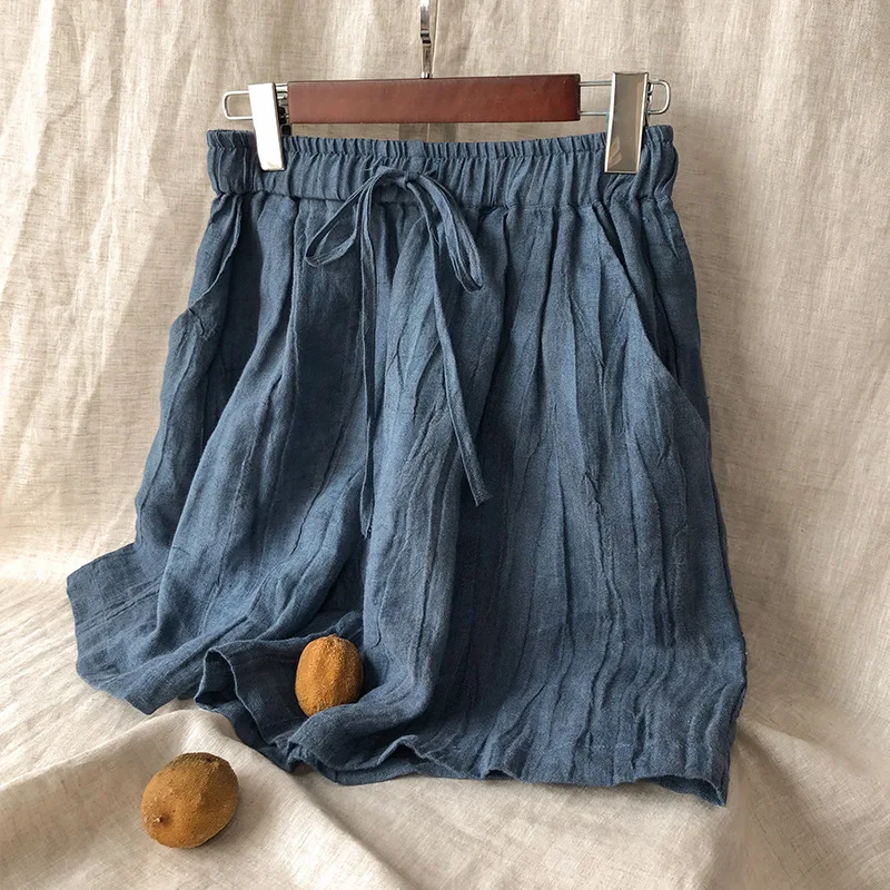 2024 New 100% Linen Summer Women Shorts Drawstring High Waist Blue Shorts Women\'s Clothing