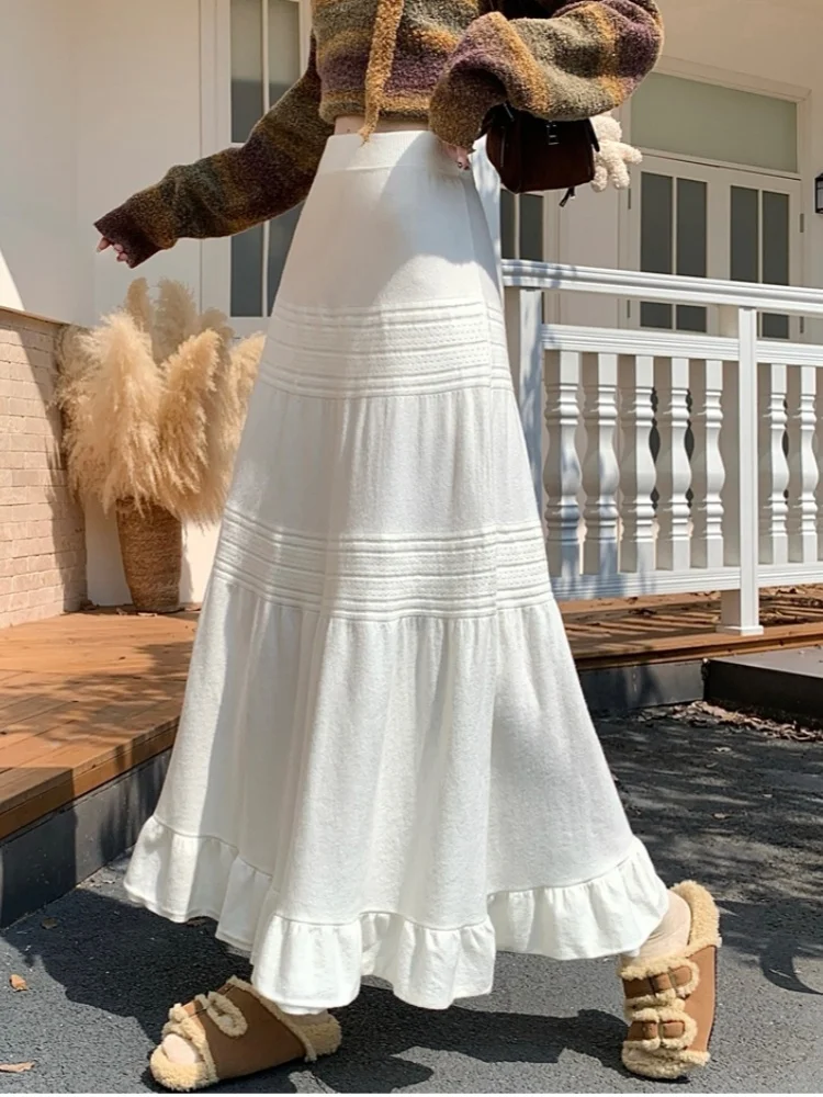 

SMTHMA Soft Knitted Midi Skirt For Women's New Autumn Winter Thickened High Waisted A-line Umbrella Skirt