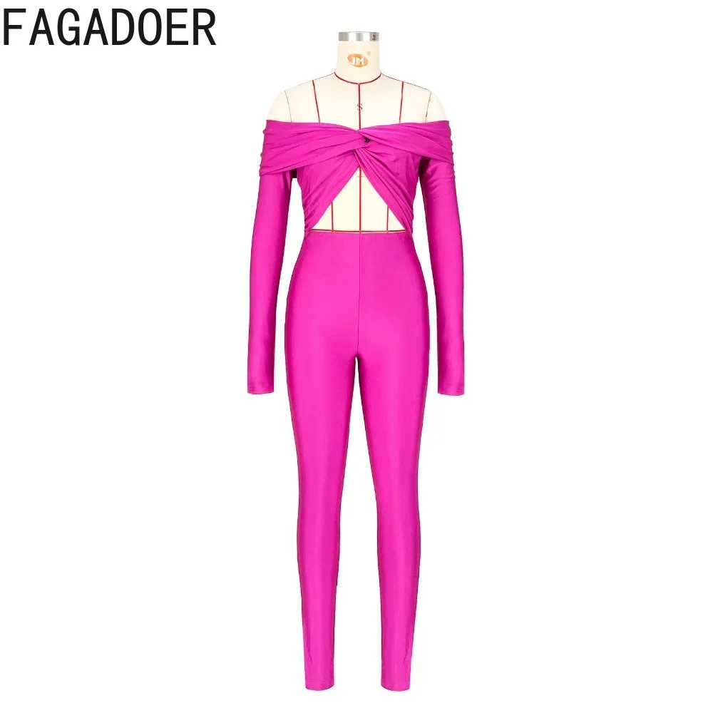 FAGADOER Sexy Hollow Out Bodycon Jumpsuit Woman Solid Color Off Showlder Backless Rompers Female Streetwear Overalls 2025 New