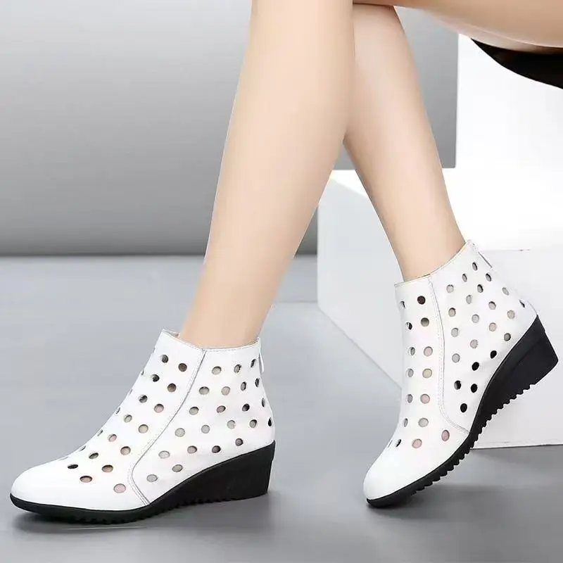 Women's Summer Leather Hollow Out Big Size Cool Boots Round Toe Breathable Soft Sole Non Slip Zippers Wedges Cave Ankle Boots