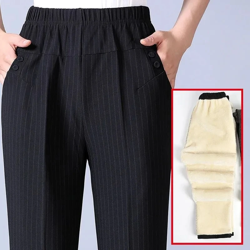 2024 New Womens Trousers Oversize Elastic High Waist Loose Casual Pants Middle-aged Female Winter Warm Stretch Pants 5XL