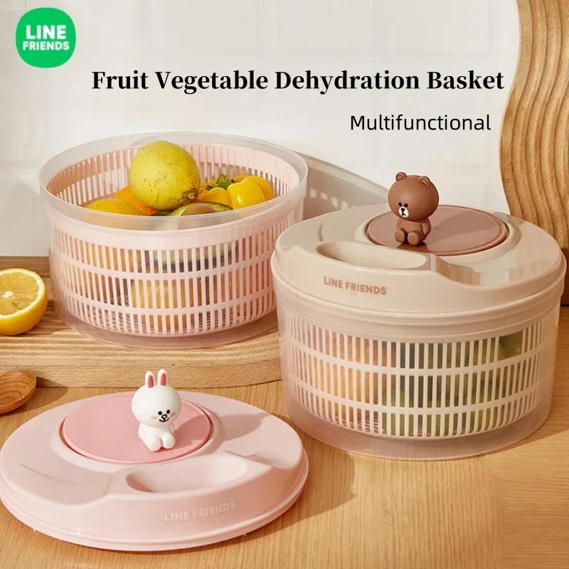 

LINE FRIENDS Brown Vegetable Dehydrator Kawaii Storage Home Kitchen Press Rotating Cartoon Fruit Anime Vegetable Draining Basket