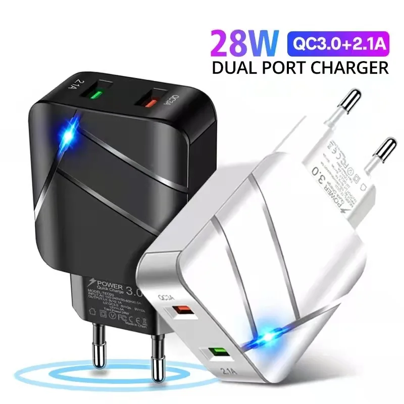 

28W Lighted QC3.0+2.1A USB Mobile Phone Charger Fast Charge Dual Port American and European Standard Fast Charger Travel Charger