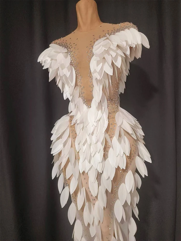 Sparkly Rhinestone 3D White Plastic Feather Shape Split Dress Trailing Sexy Mesh See Transparent Birthday Party Celebrate Show view 3