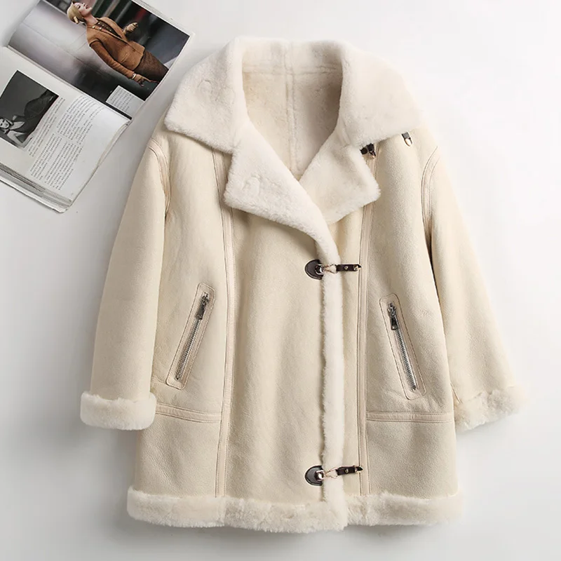 2024 Women\'s Winter Real Sheepskin Leather Long Jacket Luxury Double Face Lamb Fur Lining Coats Shearling Coat