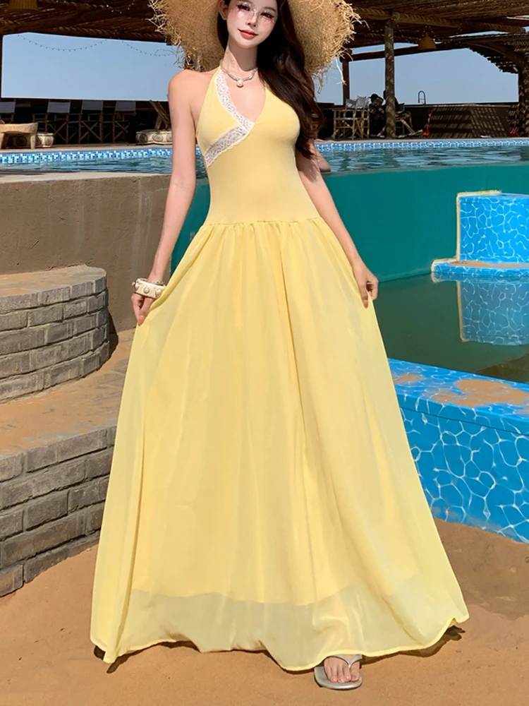 New Summer Boho Yellow Chiffon Dress Female V-Neck Backless Sexy Dress Elegant Fashion Slim Holiday Beach Long Dress