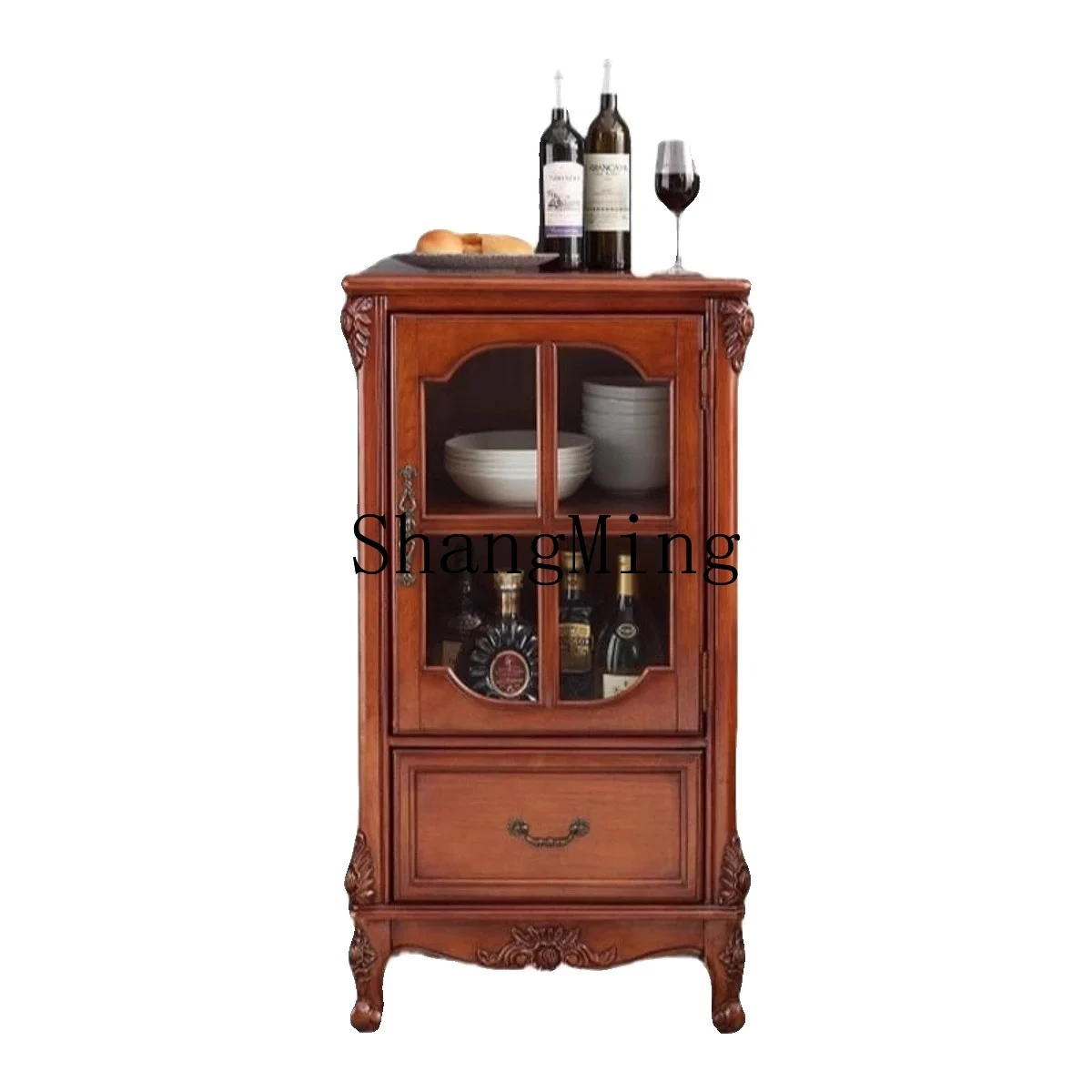 

CL solid wood living room double door TV side glass display retro dining room small side cabinet