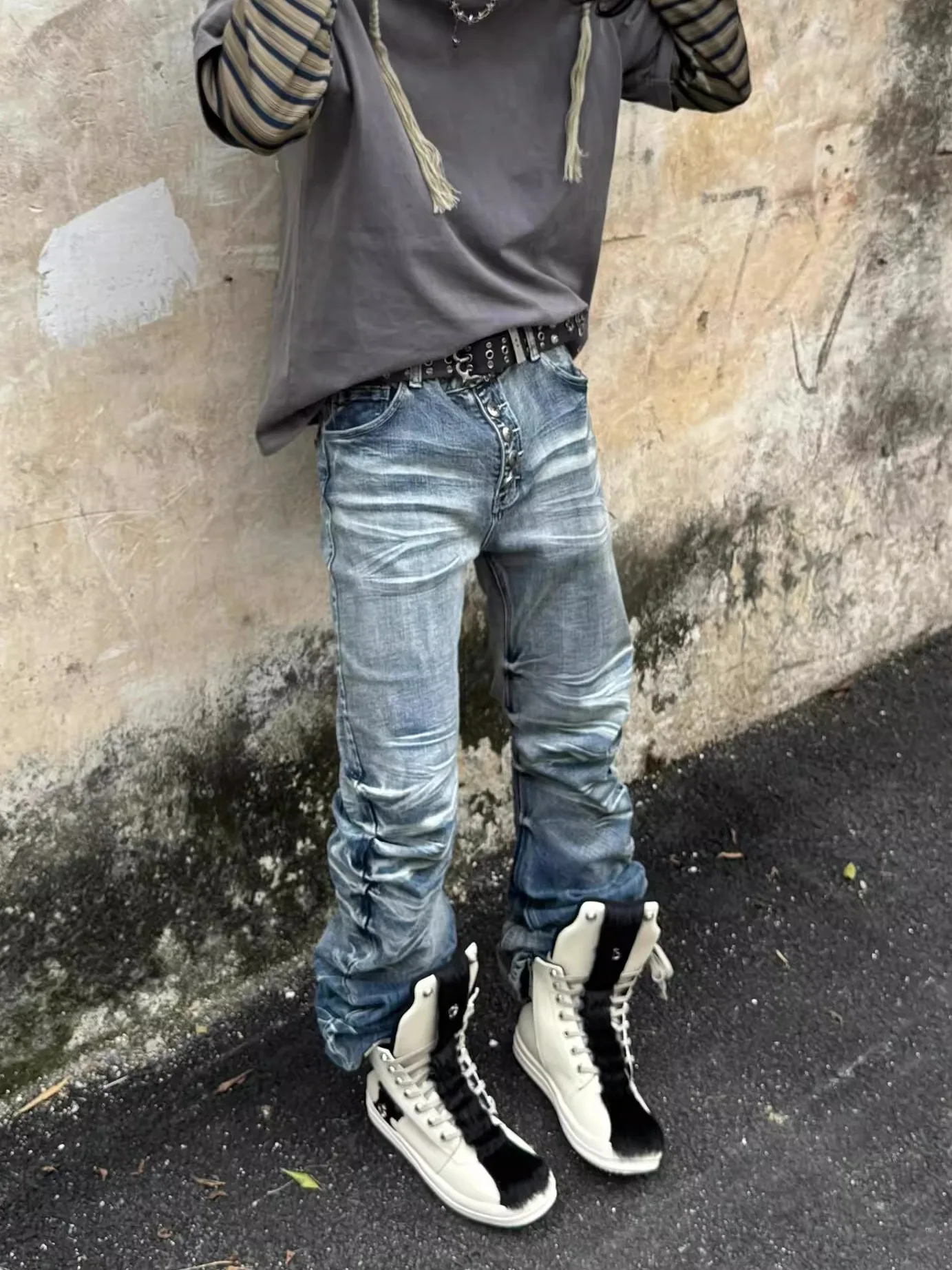 

American Retro Streetwear Men's Jeans Knife Pleated Design Slim Fit Long Casual Straight Leg Blue Denim Trousers