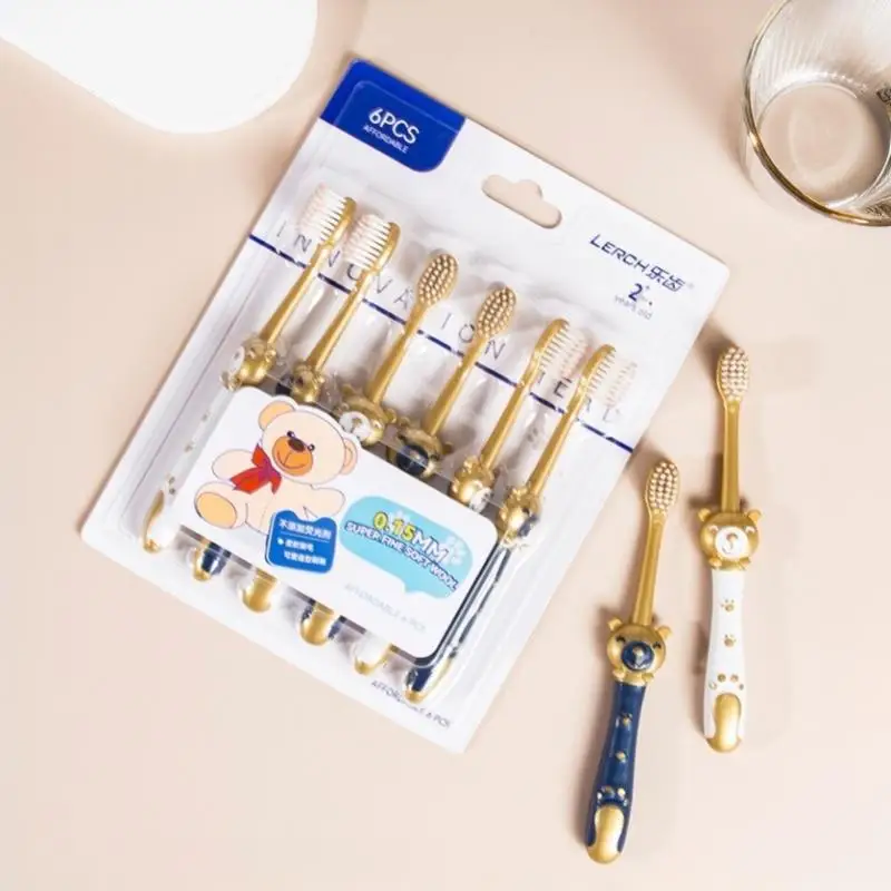 6PCS Children's Cartoon Bear Soft Bristle Toothbrush Lightweight Design Teeth Cleaning Brush for Kids Travel Portable