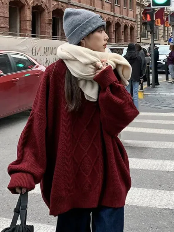 

Красный свитер Lachapelle с длинными рукавами, женский свободный вязаный топ, осенне-зимняя новинка, средней длины, с узором косы