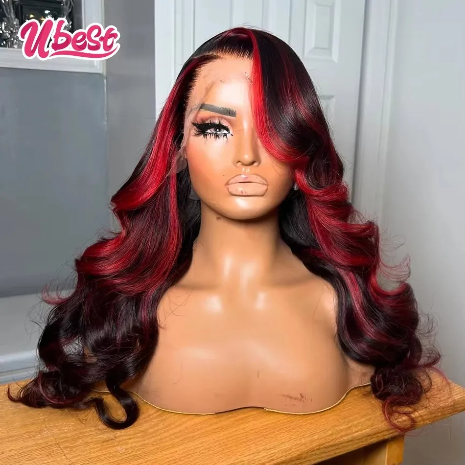 

13X6 Transparent Lace Front Wigs Body Wave Human Hair Highlights 1B Red Colored 5X5 6X2 Lace Closure Wig Pre Plucked For Women