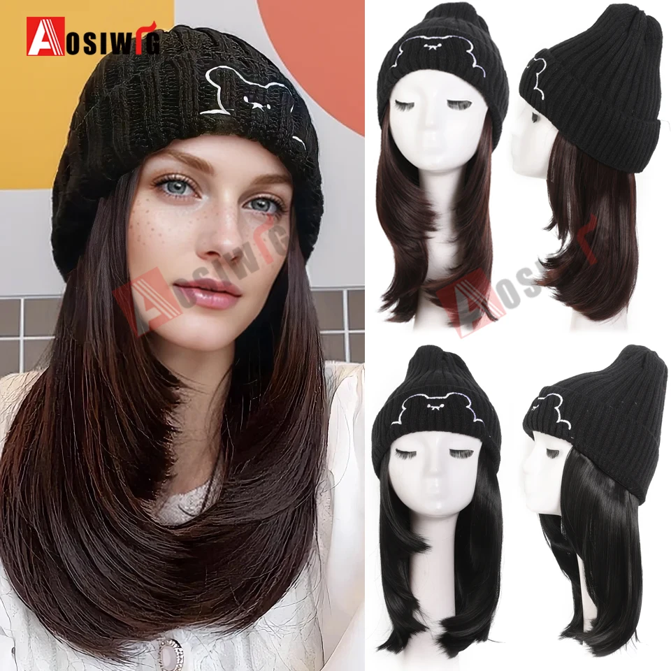 AOSI Synthetic Hat Wig All-in-one Fashion Knitted Black Bear Hat Clavicle Hair For Women  Autumn and Winter Hat Wig Warm Soft  ﻿