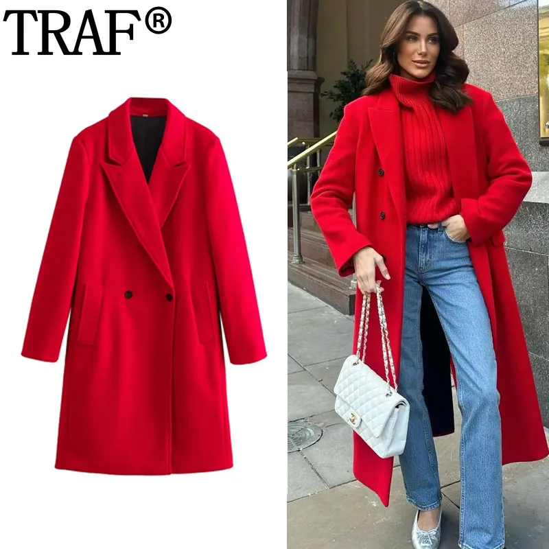 TRAF Woman Long Coat Double-Breasted Red Winter Coat For Women Long Sleeve Faux Wool Coats And Mixtures Warm Women\'s Jackets