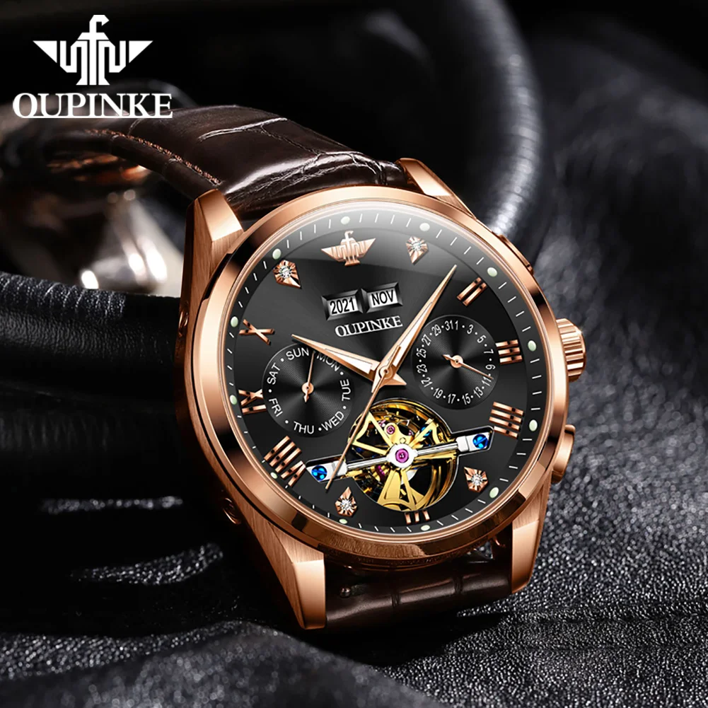 OUPINKE 3186 Roman Scale Mechanical Watch For Men Top Brand Waterproof Wristwatch Hollow Flywheel Calendar Original Man Watches