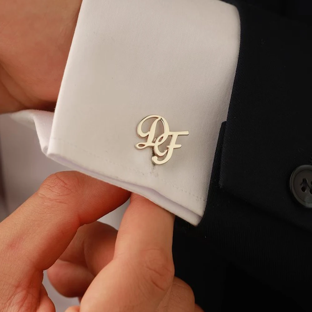 Custom Personalized Intertwined Cursive Monogram Stainless Steel Cufflinks Gold Silver Rose Gold Black Elegant Men Formal Cuffli