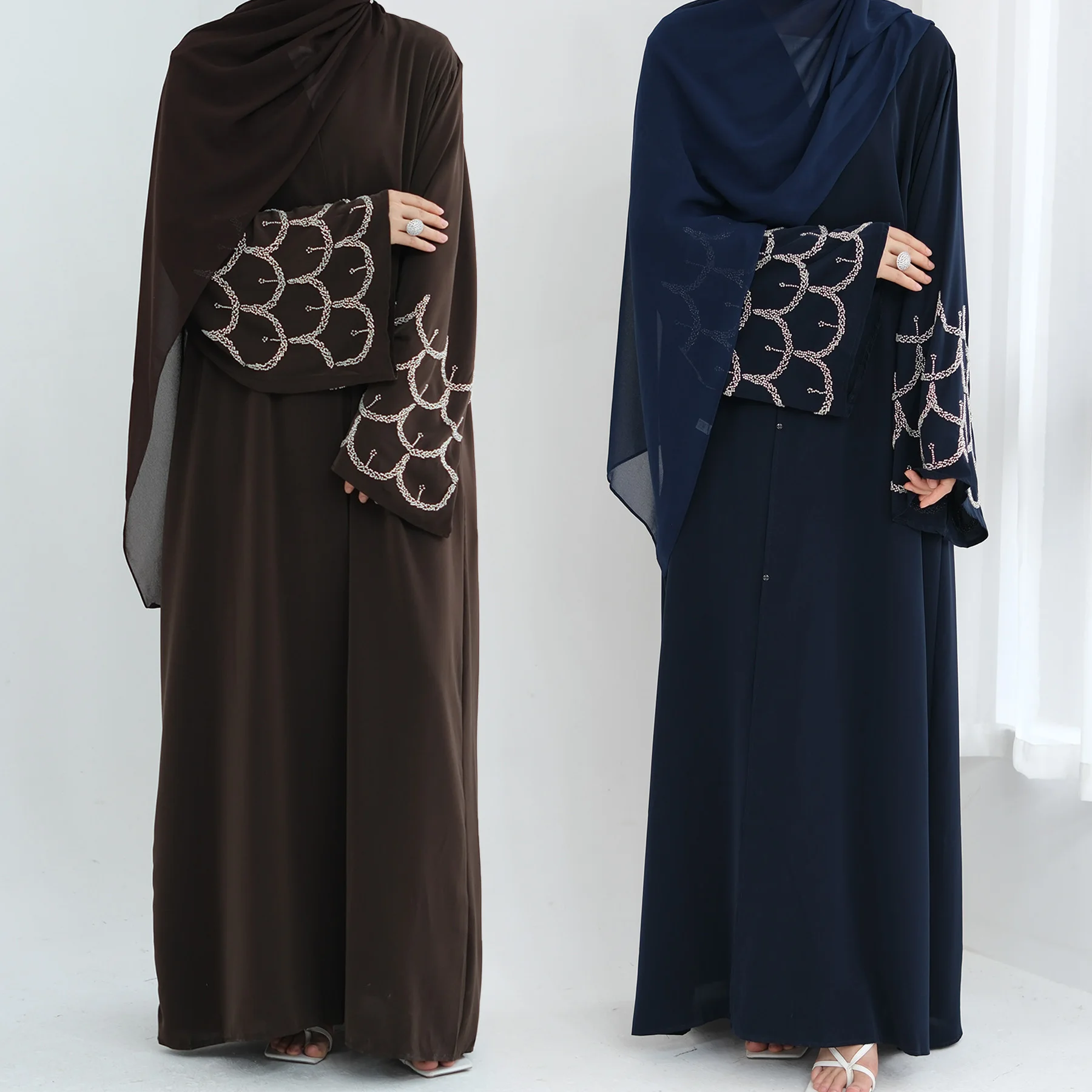 Ramadan Eid Regular-Fit Sleek Dubai Abayas (No Scarf)-Snap Buttons Front, Beaded Sleeves. Elegant Islam Muslim Women Open Abaya