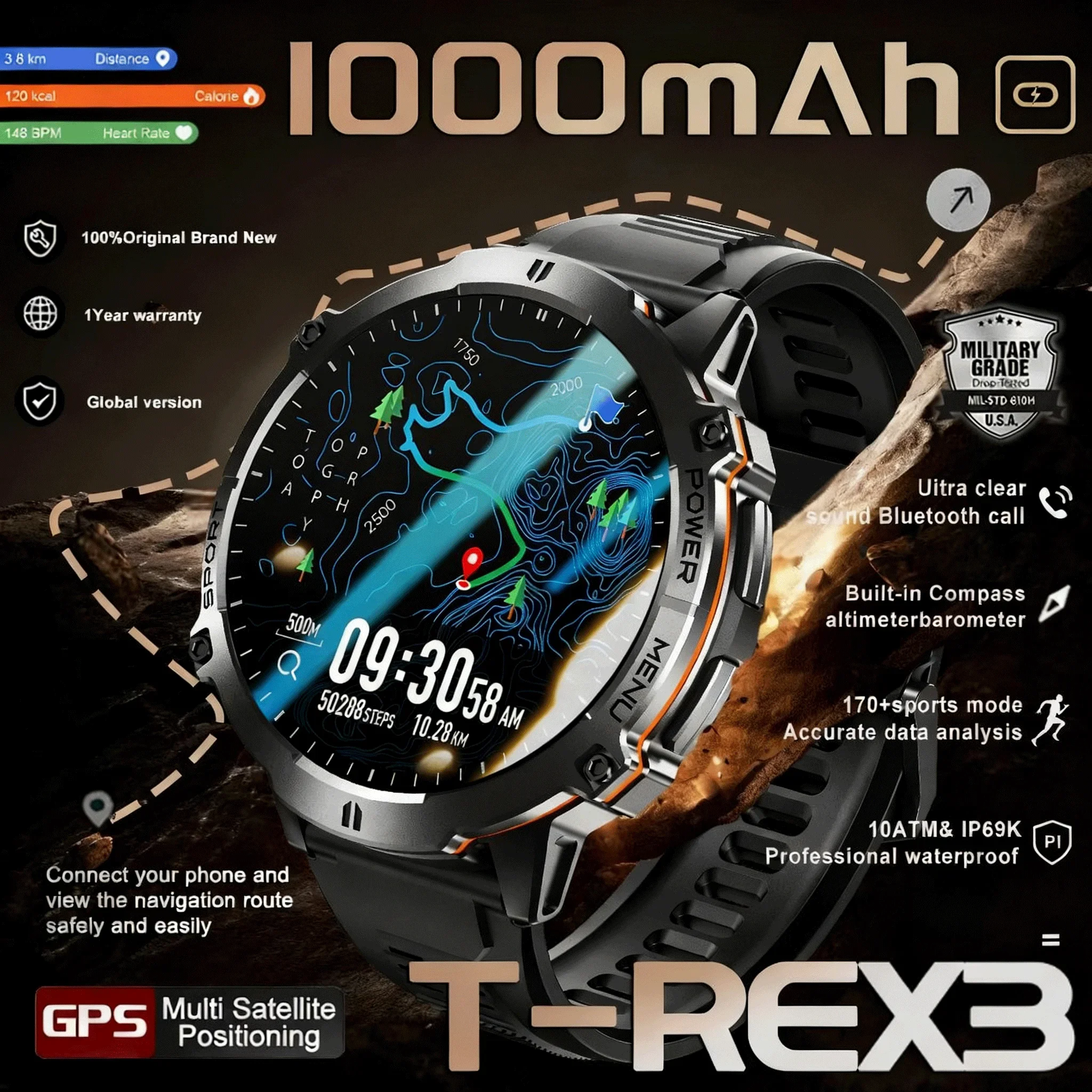 

2026 Newly upgraded GPS Military Smart Watch 1000mAh 1.7-inch AMOLED Compass Altimeter Call 10ATM Waterproof Sports Watch