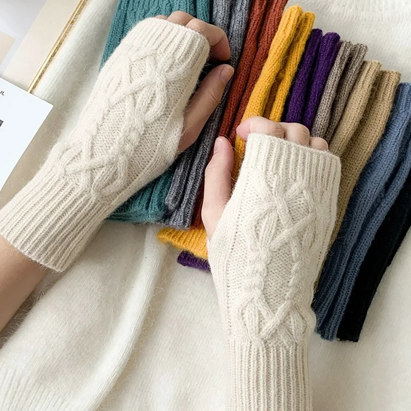 ผู้หญิงอุ่นยาว Fingerless ถุงมือฤดูใบไม้ร่วงฤดูหนาว Mitten ขนสัตว์ถักแขนอบอุ่นข้อมือแขนบางสบายๆ Fingerless ถุงมือ