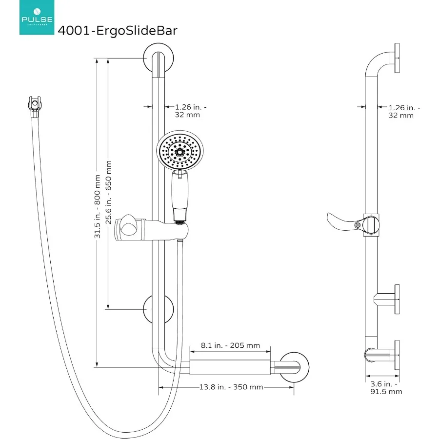 Barra deslizante ergonômica compatível com ADA com chuveiro de mão para acessibilidade em banheiros Design de aperto esquerdo em aço inoxidável polido