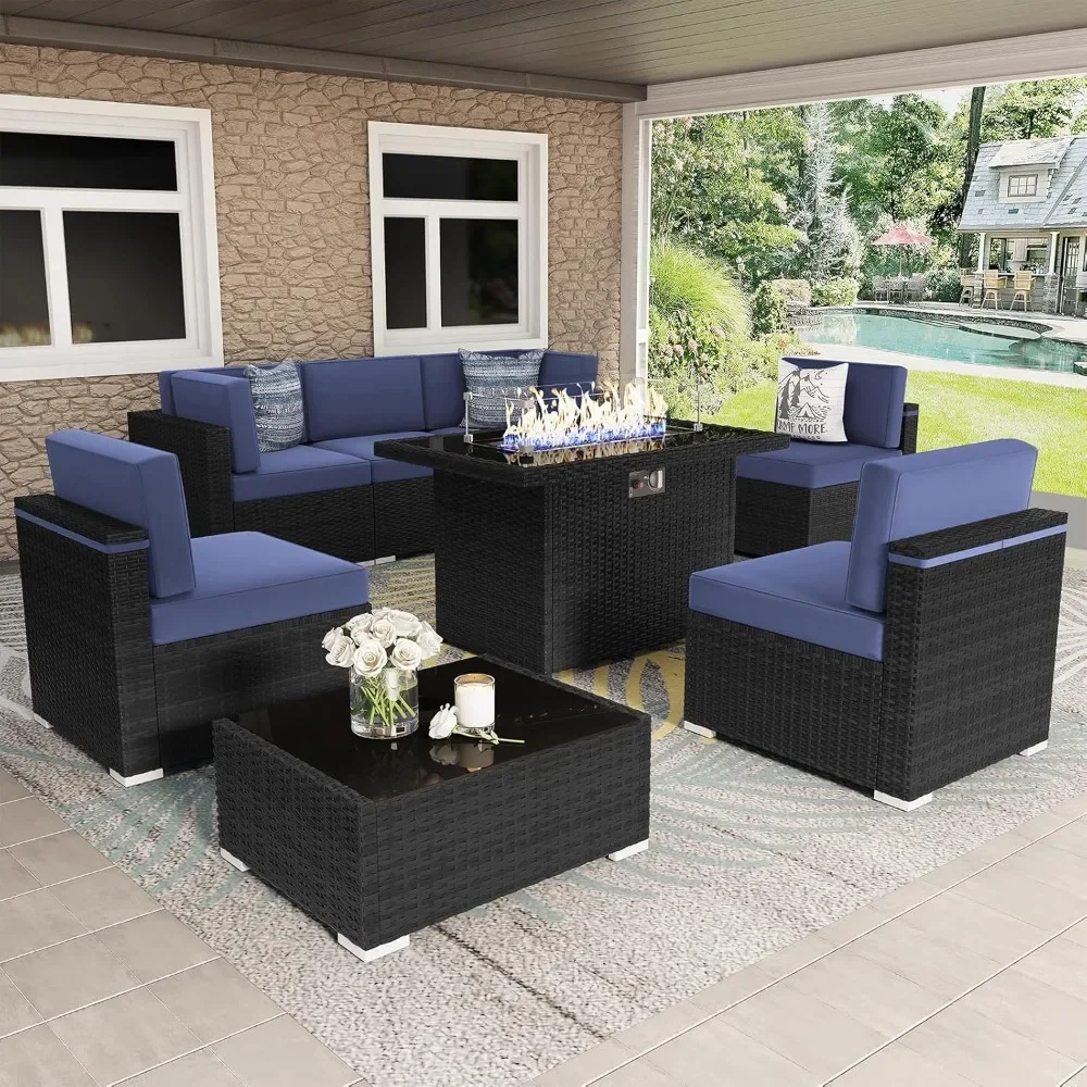 

8 Pieces Patio Furniture Set with 44" Propane Gas Fire Pit Table, Outdoor Sectional Wicker Conversation Sofa Sets