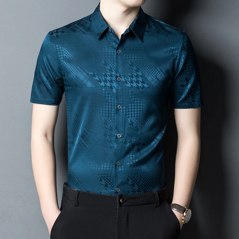 

Jacquard Silk Smooth High-End Men Shirt Short Sleeve Regular Fit Summer Quality Soft Comfortable Fashion Casual Camisa Masculina