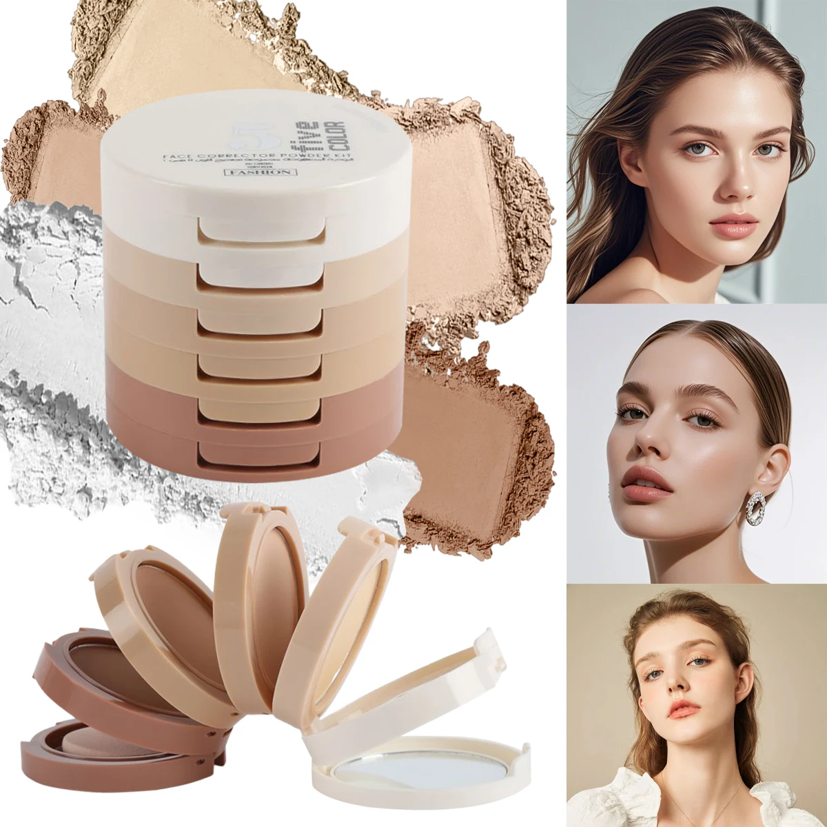 

5-tone correction compact powder, long-lasting 24-hour oil control and skin brightening, suitable for all skin tones