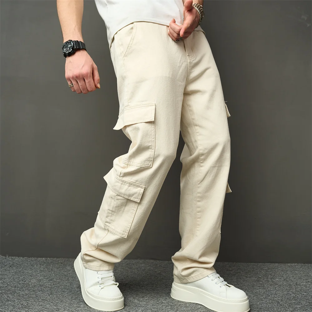 Streetwear Stylish Retro Multi pocket Cargo Men Jeans Male Good Quality Solid Loose Casual Straight Denim Pants