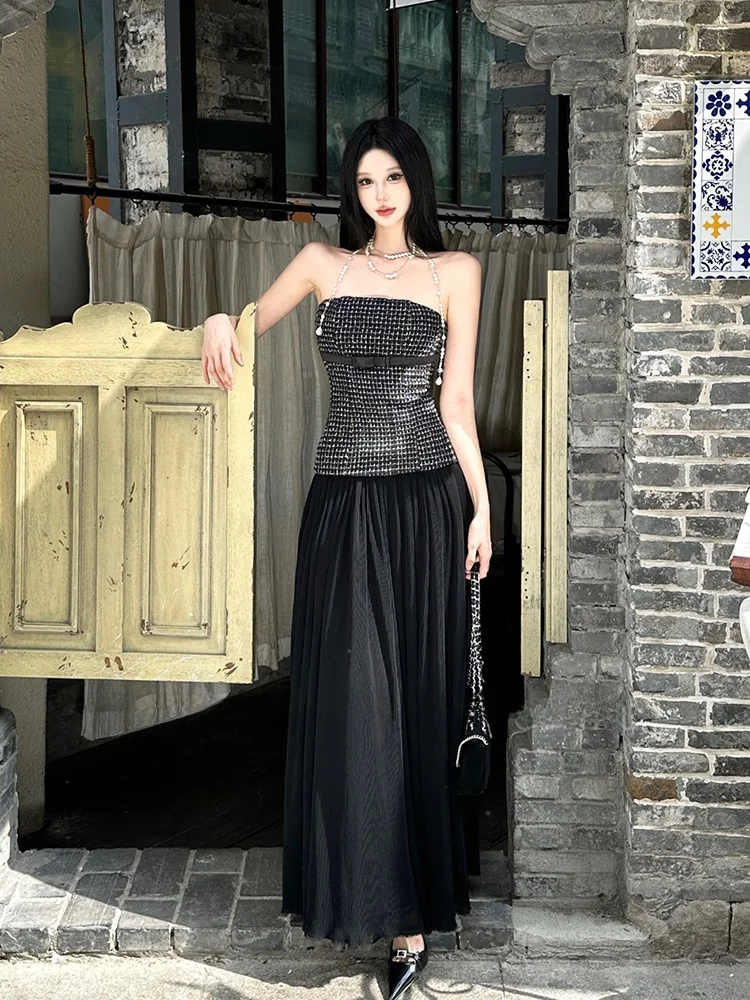 

Черное вечернее платье макси А-силуэта без рукавов с высокой талией на молнии для дня рождения/вечеринки