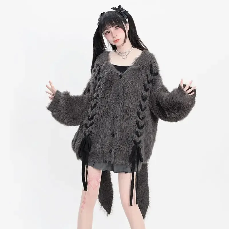 

Harajuku милый кардиган с кроличьими ушками и капюшоном женский Y2k эстетический пушистый свитер пальто Kawaii уличная одежда сказочные повязки гранж пальто