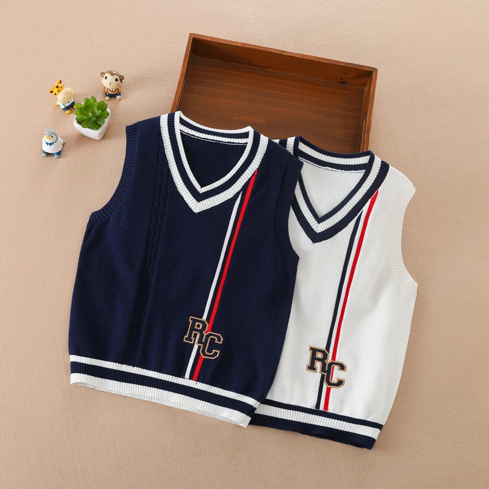 

Boys V-neck Sweater Spring Autumn Sleeveless Cotton Stripe Vest Childrens Clothing For 4-12 Years Kids Waistcoat