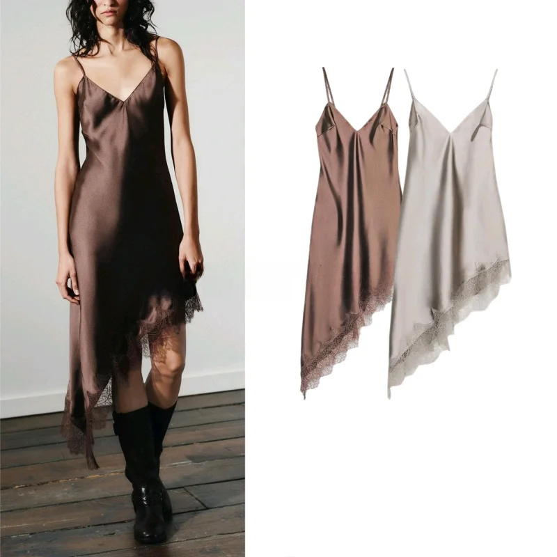 

Fall Winter ort Silk Satin Feel Asymmetrical Lace Trimmed Dr Sexy High Waist V Ne a Line Polyester Fiber Gown for Women