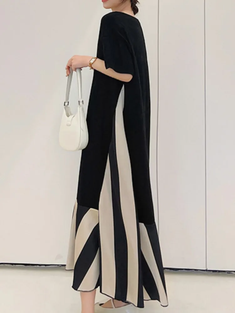 Falso de duas peças verão novo longo acetato cetim listra com decote em v vestido de manga curta maxi tamanho roupas moda vestido feminino