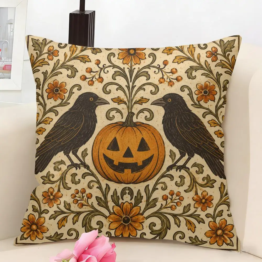 Rustic Harvest Halloween Cushion Cover Linen Pillow Cover 40x40cm Decorative Cushion Case Boho Home Sofa Decor Gift