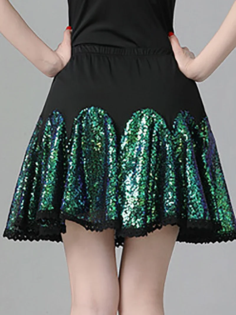 Adult Latin Dance Costume Glitter Sequin Embroidered Dance Skirt Pleated Skirts Modern Dance Dress for Women Ballroom Dancewear