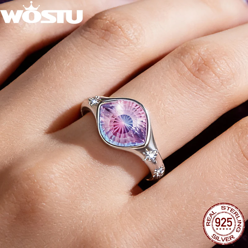 

WOSTU 925 Sterling Silver Huge Evil Eye Open Ring With Rainbow Crystal, Luxury Statement Guardian Eye Ring Cocktail Party Gift