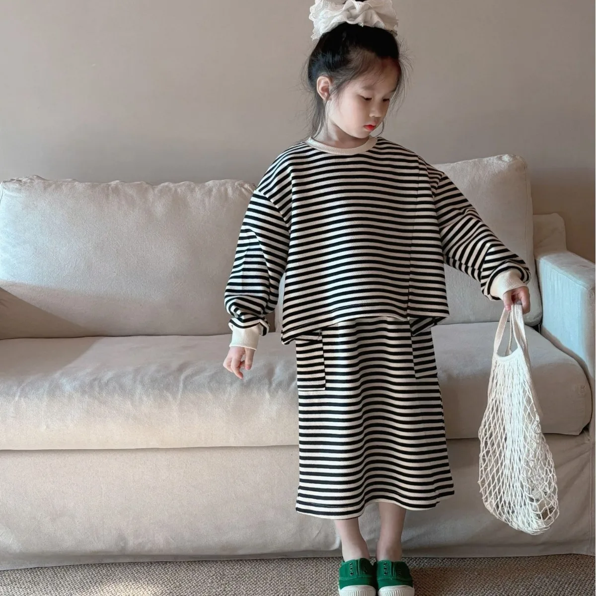 Baby Girl Clothes Suit Korean Children Clothes 2024 Spring New Korean Girls and Children Pinstripe Splicing Hoodie 2-piece Set