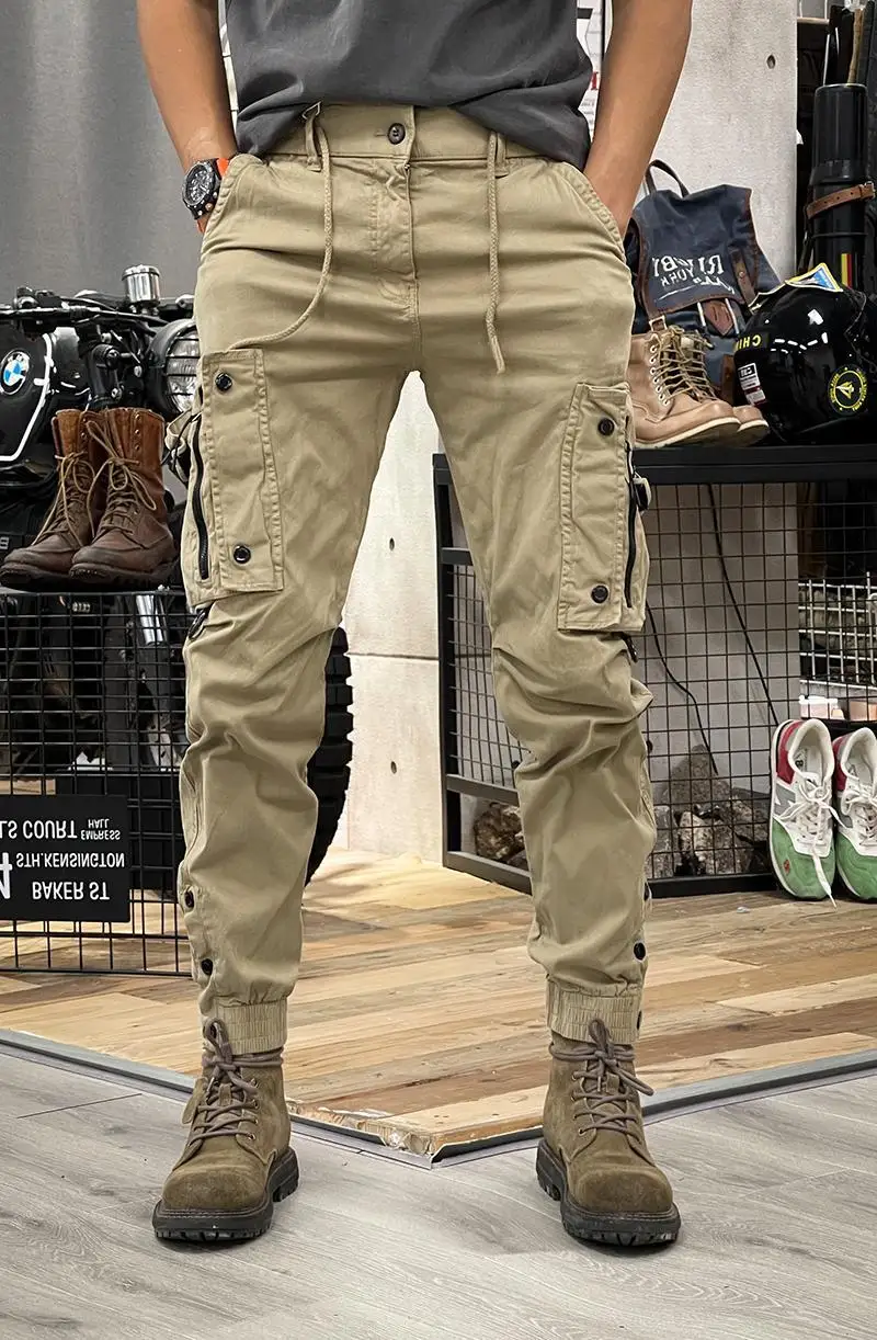 Men's Fashionable Multi Pocket Zipper Design Work Pants, Loose Wide Leg Straight Leg Casual Drawstring Outdoor Training Male - Image 6