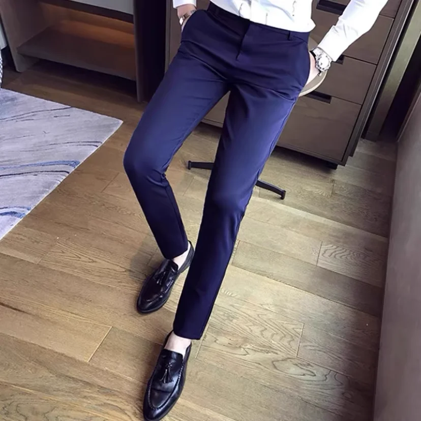 

9 Cropped Blue Men's Suits Pants Business Tressed Clothing Vintage Summer 2025 Korean Style Clothes Elegant Male Suit Trousers