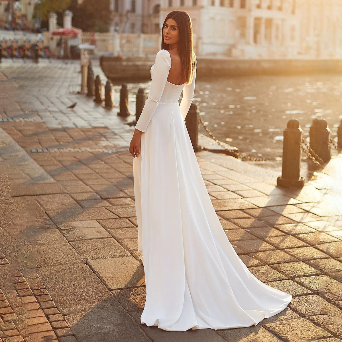 Customized Matte Satin Bridal Dress Long Fitted Sleeves Sweetheart A Line Backless Ivory Elegant Real Picture Wedding Gowns