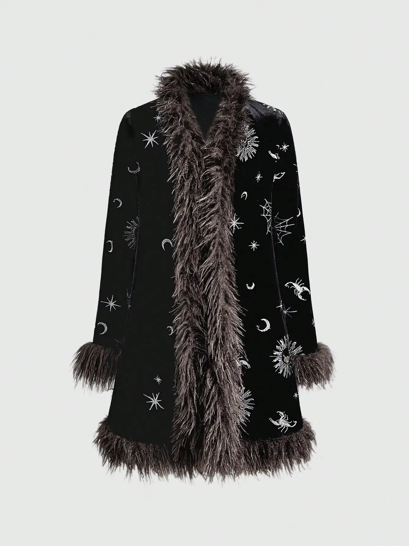 

Boho Women's Velvet Coat with Moon Star Embroidery & Faux Fur Trim