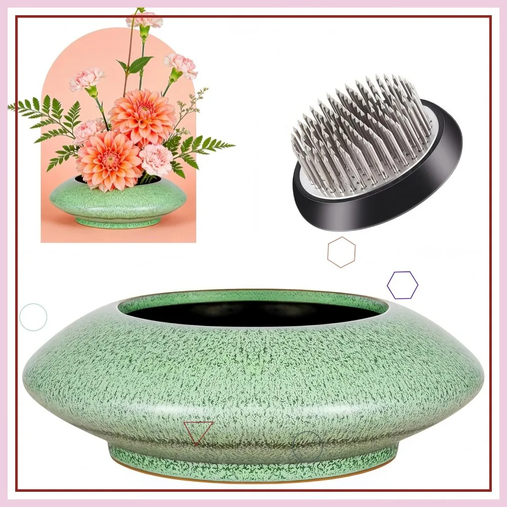 

Japanese Ikebana Ceramic Flower Pot Set Handmade Flower Bowl Vase for Centerpieces Small Green