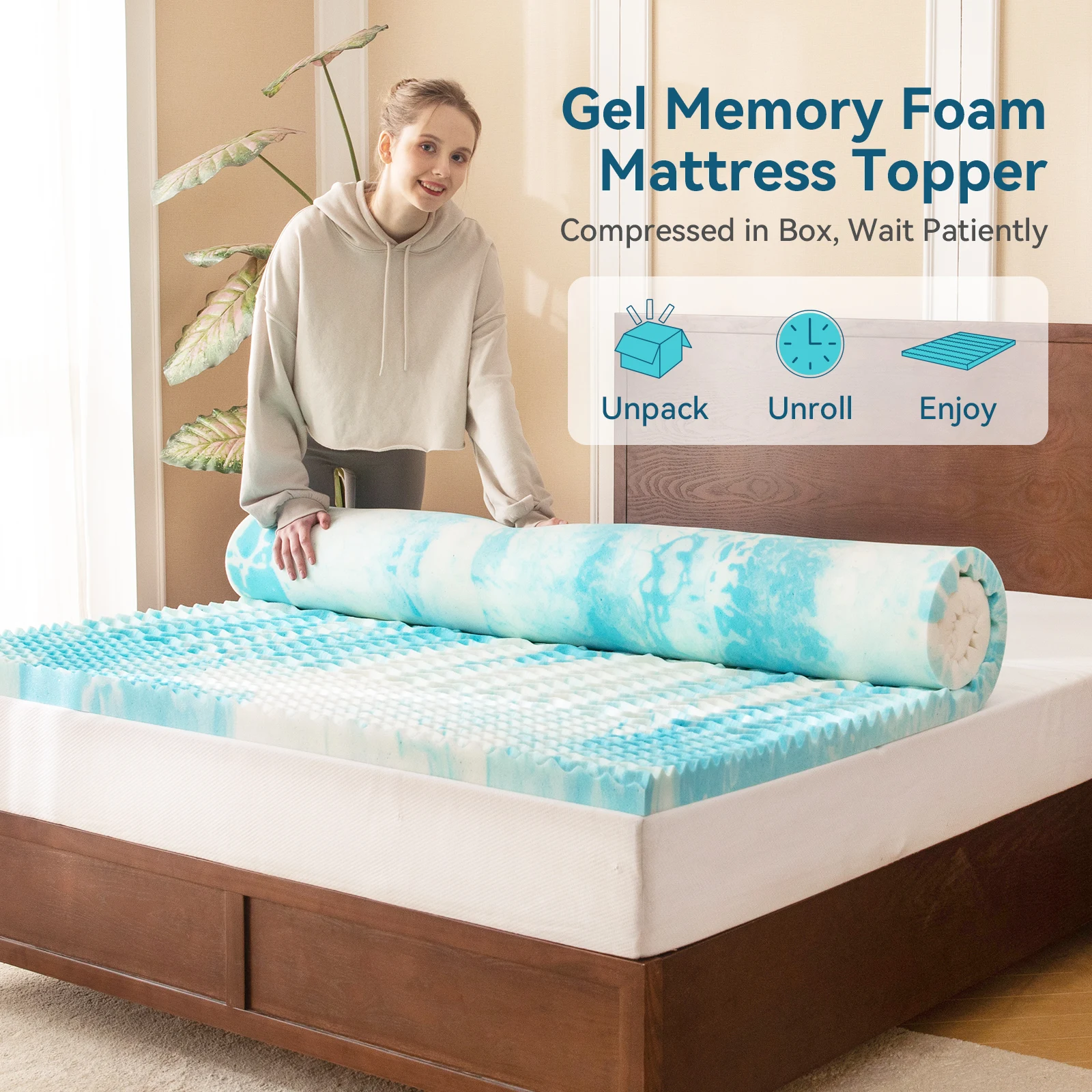 Hcore Mattress Topper, 5-Zone Memory Foam Mattress Topper, Cooling Gel Mattress Topper, Topper for Pressure Relieve, Blue