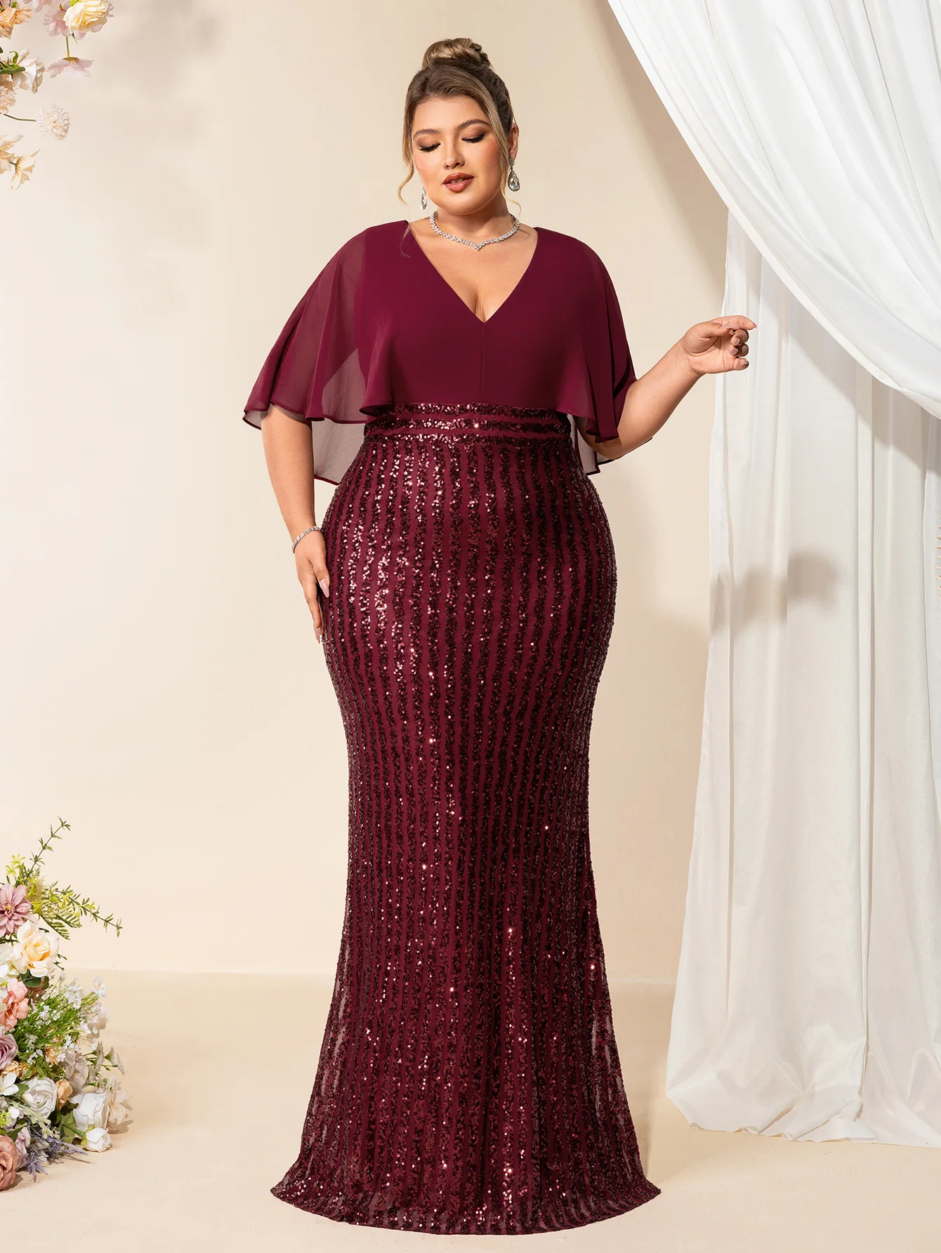 

BKQU chiffon patchwork sequin V-neck wedding party dress short sleeved with a stylish commuter banquet plus size evening dress