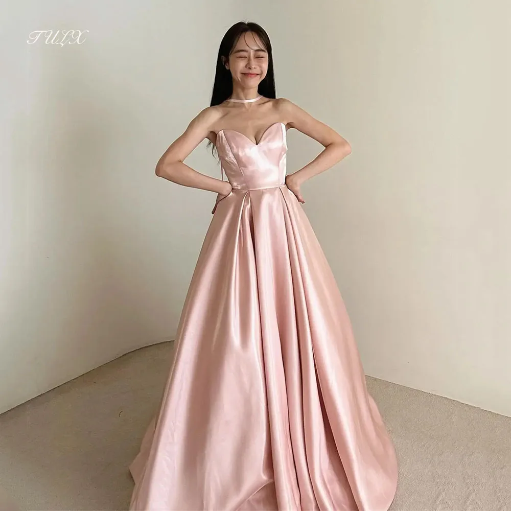 

TULX Pink Water Satin Evening Dress Sweetheart Sleeveless Korea Wedding Photo Shoot Long Formal Party Dresses Corset Customized