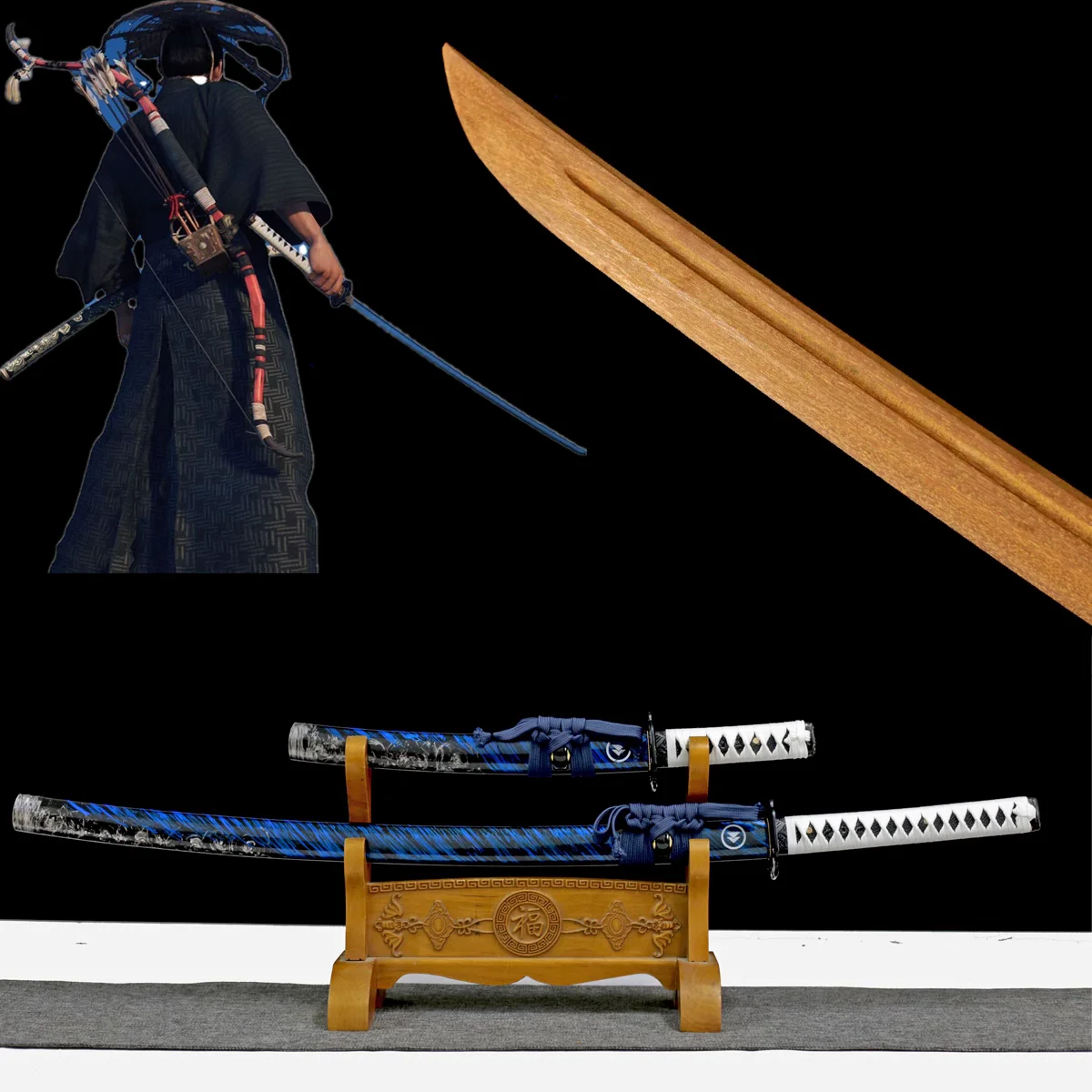 

High Quality Set of 2 Japanese Samurai Katana Juhe Sword Log Rosewood Blade Fit Exercise Training Cosplay Weapon Props Unsharp