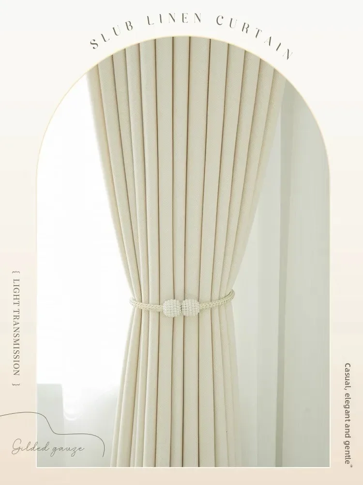 LH Custom Linen Cream Style Curtains Jacquard Cotton Linen Curtains Cozy Semi-Blackout
