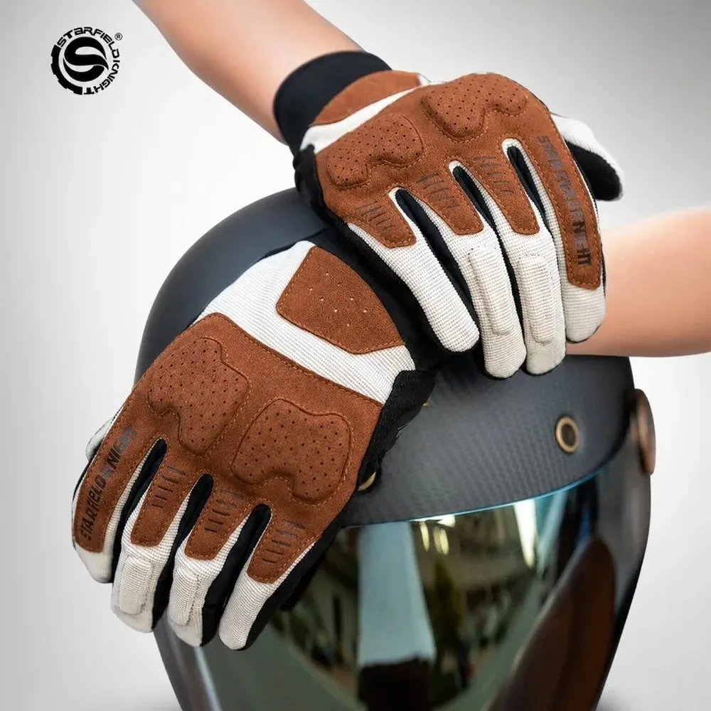 STAR FIELD KNIGHT Summer Motorcycle Gloves Men Vintage Retro Biker Gloves Thin Breathable Touchscreen Full Finger Riding Gloves