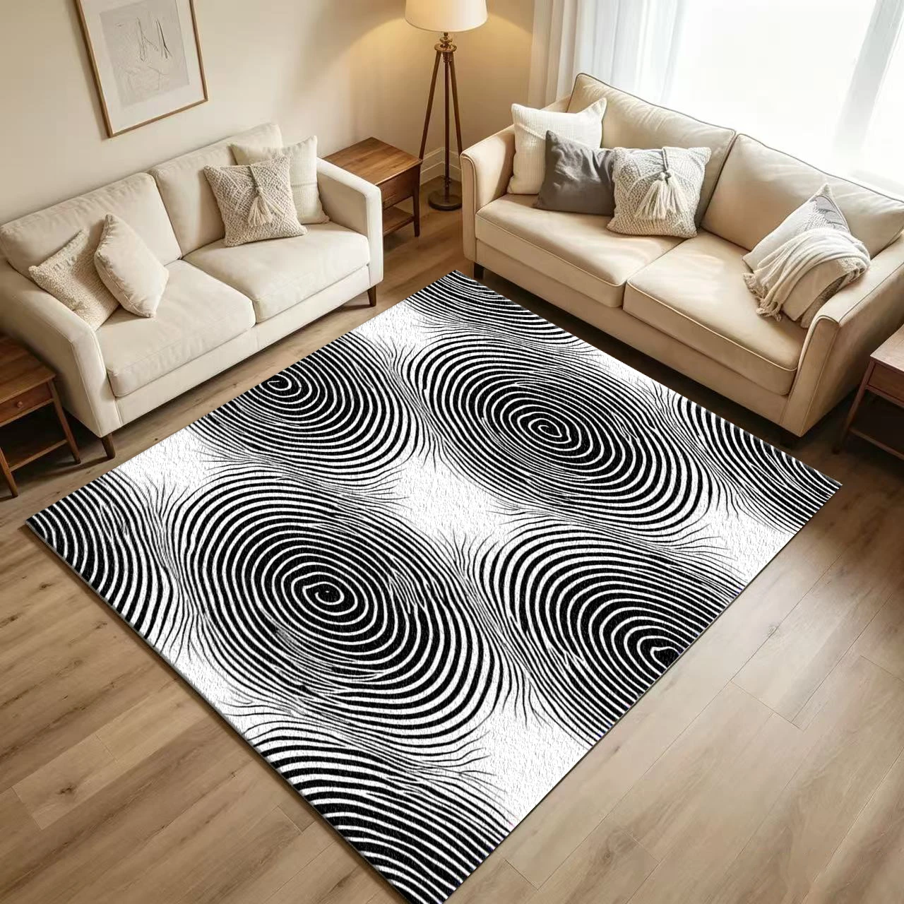 Black-White Wood Grain Swirl Carpet Flooring, Abstract Spiral Tree-Ring Non-Slip Floor Rug for Living Room Bedroom Modern Home Decor