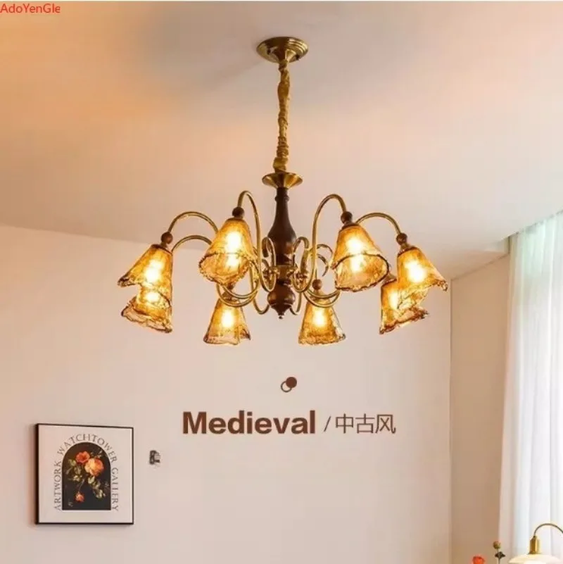 

French medieval style high-end living room main light Maillard retro solid wood dining room bedroom glass chandelier